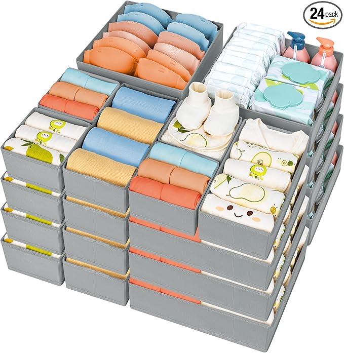DIMJ Drawer Organizer Clothes, 24 Pack Dresser Organizer, Foldable Closet Organizers and Storage, Fabric Dresser Drawer Organizers, Drawer Dividers for Nursery, Baby Clothes, Underwears, Sock