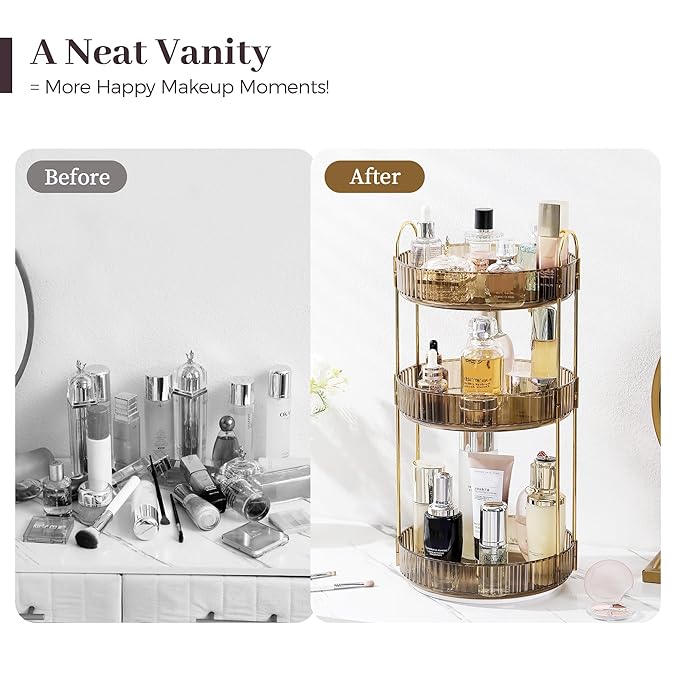 Aveniee Rotating Makeup Organizer for Vanity, 3 Tier Perfume Organizers and Storage for Bathroom Countertop, Clear Spinning Skincare Counter Shelf Holder for Dresser,Brown
