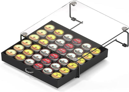 DecoBrothers Crystal Tempered Glass Holder Drawer for 36 Coffee Pods Storage, Black