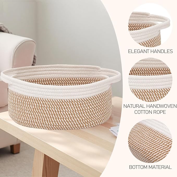 JMvicyroam Woven Basket,Small Rope Storage Bin with Handles & Ribbon Bag, Organizer for Shelves Closets,Gift Basket Empty for Birthday,Books,Dog Toys, White&Brown Block