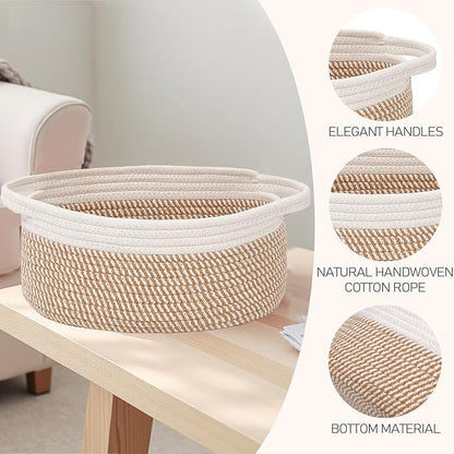 JMvicyroam Woven Basket,Small Rope Storage Bin with Handles & Ribbon Bag, Organizer for Shelves Closets,Gift Basket Empty for Birthday,Books,Dog Toys, White&Brown Block