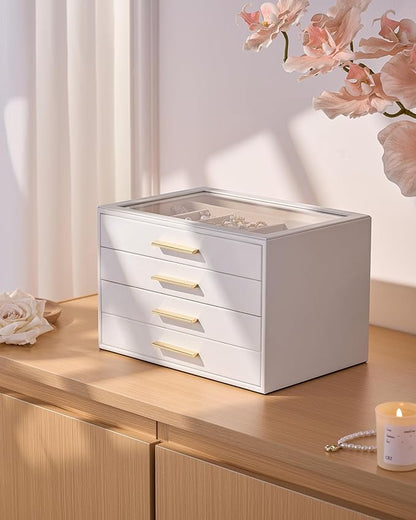 pickpiff Jewelry Box Organizer Case for Women: 4-Layer Jewelry Storage Case with Glass Window, Pure White Leather with Velvet Holder for Ring Necklace Bracelet Brooch Watch, Great Gift for Her