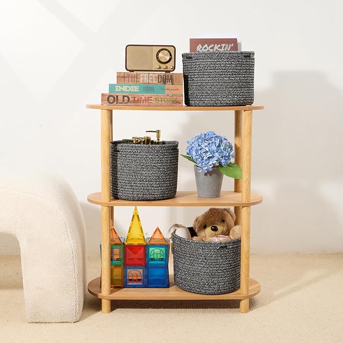 MiniArk Small Basket for Organizing | Cube Shelf Closet Storage Baskets | 9.7×9.7×7.1” | Woven Rope Gift Basket | Nursery | Round 3 Packs Dark Gray