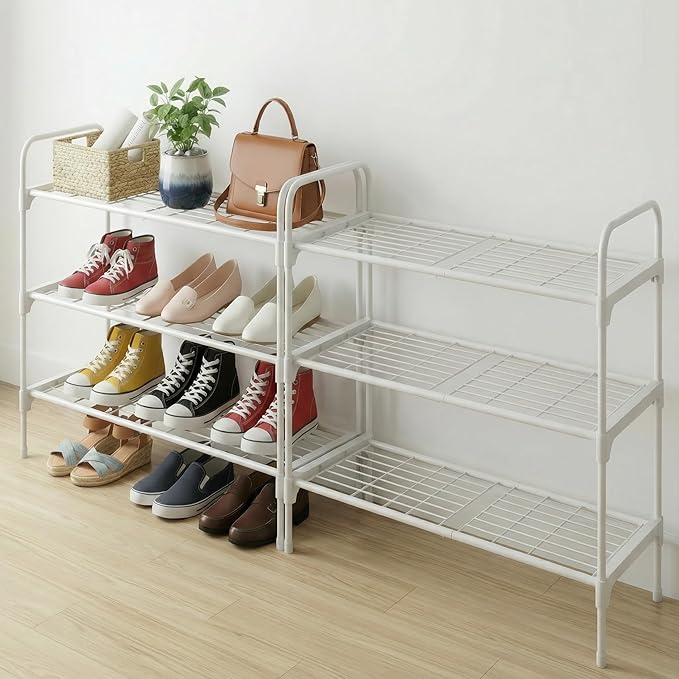 3-Tler Shoe Rack Organlzer, Rustproof lron, Spaclous Shoe Storage Shelf for Closet or Entryway, Fits Sneakers & Slippers, White