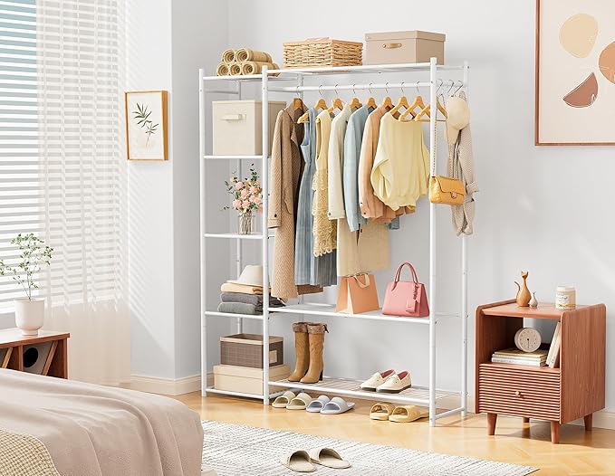 Wardrobe Closet,Portable Clothes Rack with 4 Tiers Shelves,Freestanding Closet Organizers and Storage System with Hanging Rods,Steel Clothing Rack Suitable for Cloakrooms,Bedrooms,Entrances,etc.White