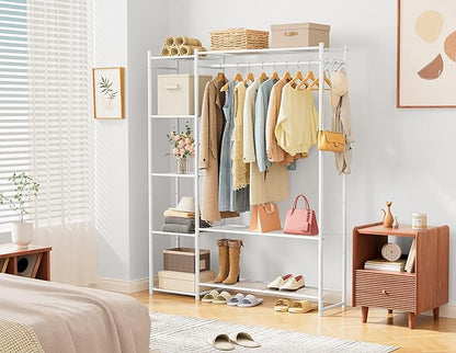 Wardrobe Closet,Portable Clothes Rack with 4 Tiers Shelves,Freestanding Closet Organizers and Storage System with Hanging Rods,Steel Clothing Rack Suitable for Cloakrooms,Bedrooms,Entrances,etc.White