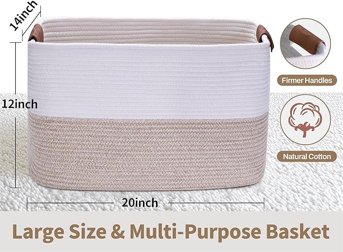 Large Cotton Rope Storage Basket with Leather Handles, Laundry Hamper Basket, 20 "L x 14" W x 12 "H, Durable & Stylish Organizer for Home.(Large Light Khaki)