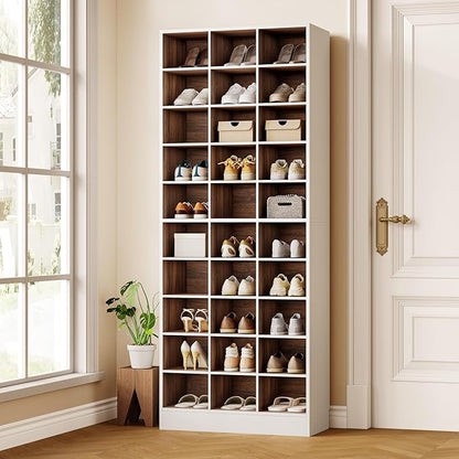 LITTLE TREE 70.9" Tall Shoe Rack, 10-Tier Freestanding Shelf, Max. Store 30 Pairs, Shoe Cabinet Organizer for Living Room, Entryway, Cloakroom, White + Brown