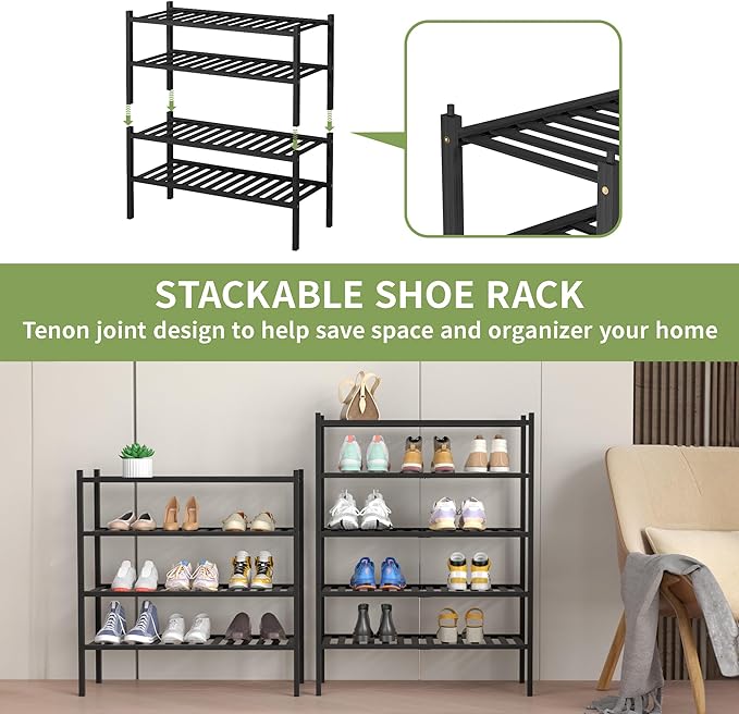 ROMGUAR CRAFT 4 Tier Bamboo Shoe Rack for Closet Free Standing Wood Shoe Shelf for Entryway Small Space Stackable 27"x11"x26" (Black)
