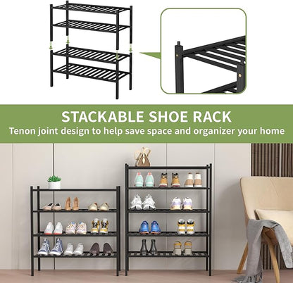 ROMGUAR CRAFT 4 Tier Bamboo Shoe Rack for Closet Free Standing Wood Shoe Shelf for Entryway Small Space Stackable 27"x11"x26" (Black)