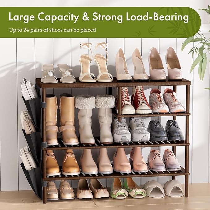 Bamboo Shoe Rack, 4 Tiers Shoe Organizer for Closet, Shoes Storage for 20-24 Pairs, Freestanding Shoe Shelf with Removable Pocket for Entryway Bedroom Front Door Dorm, Walnut Brown