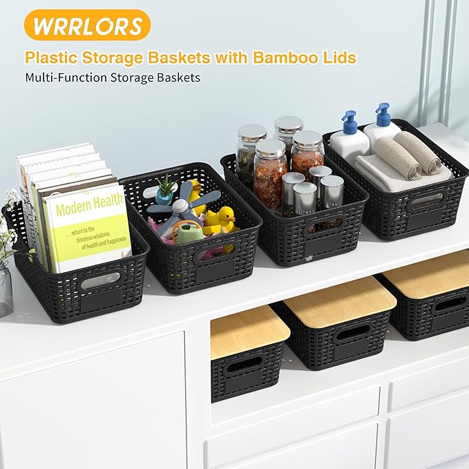 Plastic Storage Baskets with Bamboo Lids and Labels, Stackable Storage Containers, Storage Bins for Organizing Shelves Drawers Desktop Closets Office, 6 Packs-Black
