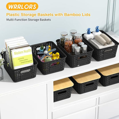 Plastic Storage Baskets with Bamboo Lids and Labels, Stackable Storage Containers, Storage Bins for Organizing Shelves Drawers Desktop Closets Office, 6 Packs-Black