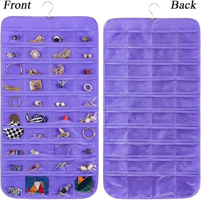 Bloss Hanging Jewelry Organizer, Double Sided 80 Pocket Jewelry Chain Storage Bag 2 Layer of Fabric Jewelry Organizer Holder for Necklace Bracelet Earring Ring Chain Knitting Tool - Purple