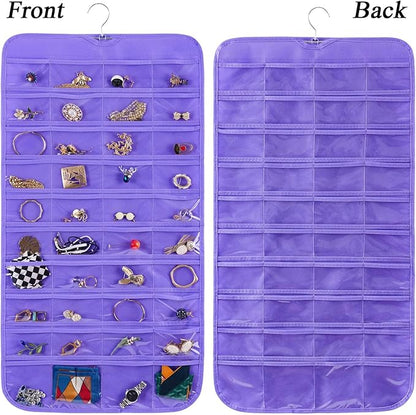 Bloss Hanging Jewelry Organizer, Double Sided 80 Pocket Jewelry Chain Storage Bag 2 Layer of Fabric Jewelry Organizer Holder for Necklace Bracelet Earring Ring Chain Knitting Tool - Purple