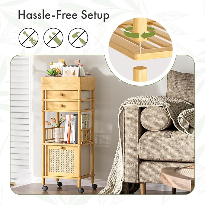 Amazer Bamboo Makeup Organizer Cart with 3 Drawers, Floor Skin Care Storage for Bathroom Bedroom, Rolling Vanity Organizer Cart for Cosmetic, Nail Polish, Perfume and Hair Tools