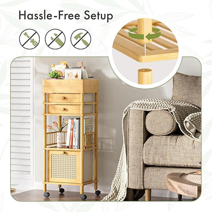 Amazer Bamboo Makeup Organizer Cart with 3 Drawers, Floor Skin Care Storage for Bathroom Bedroom, Rolling Vanity Organizer Cart for Cosmetic, Nail Polish, Perfume and Hair Tools