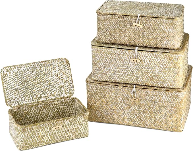 QWORK Seagrass Basket Set with Lids - 4-Piece Rattan Wicker Storage Baskets in Assorted Sizes, Handwoven, Durable Organizer for Home & Office, Rustic Farmhouse Decor, White
