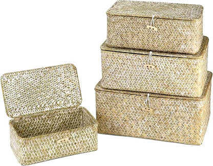 QWORK Seagrass Basket Set with Lids - 4-Piece Rattan Wicker Storage Baskets in Assorted Sizes, Handwoven, Durable Organizer for Home & Office, Rustic Farmhouse Decor, White