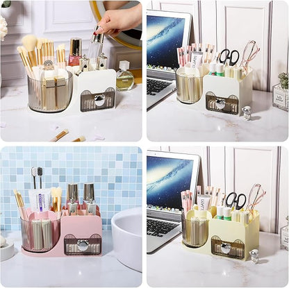DASITON Makeup Organizer with Drawer, 360° Rotating Makeup Brush Holder, Makeup and Skincare Storage Box, Make Up Organizers for Vantiy, Desktop, Bathroom Countertop, Cosmetic Display Case (Pink)