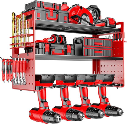Modular Power Tool Organizer Wall Mount, Garage Drill Storage Shelf with Hooks, Heavy Duty Metal Premium Garage Tool Shelf, Gift for Man Cordless Tool Storage Rack (Red)