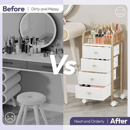 SWTYMIKI Rolling Makeup Organizer Cart - Under Desk Vanity Makeup Storage with 4 Non-woven Drawers, Nail Cart Organizer Cosmetic Display Cases Cabinet for Skin Care Perfume Nail Polish Brush Hair Tool