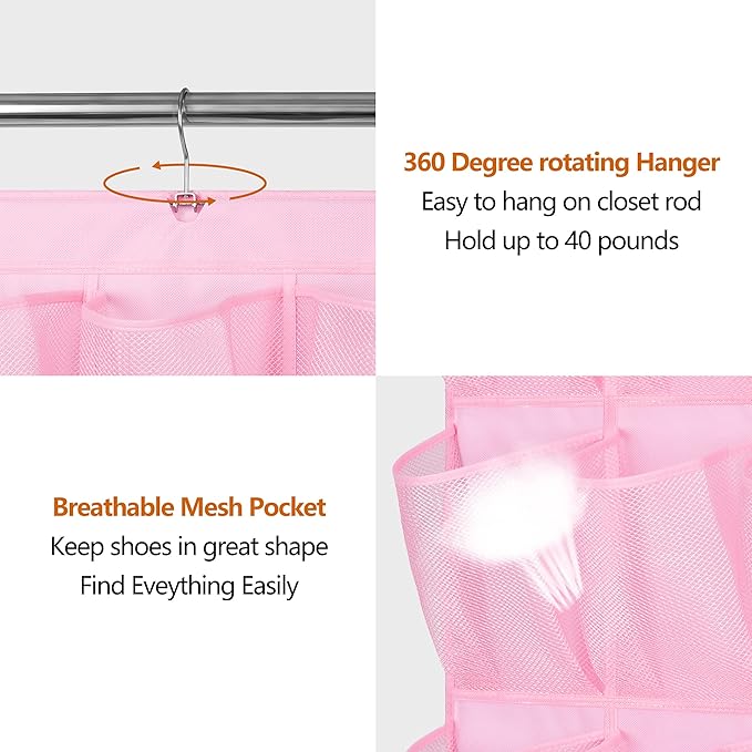MISSLO 30 Large Pockets Dual Sided Hanging Shoe Organizer for Closet with Rotating Hanger Hanging Shoe Shelves, Pink