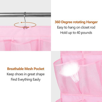 MISSLO Pink Hanging Shoe Organizer 30 Pockets with Rotating Hanger 28 Large Pockets Over The Door Shoe Rack