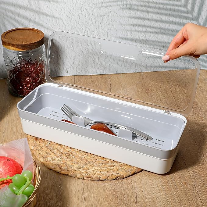 2 PCS Flatware Tray with Lid and Drainer Large capacity Kitchen Drawer Organizer Silverware Tray Dinnerware Holder Utensil Holder Utensil Storage Container for Countertop Cutlery