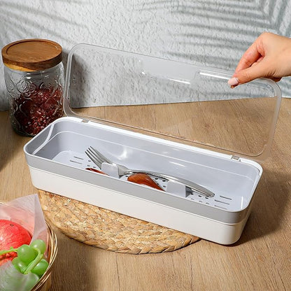 2 PCS Flatware Tray with Lid and Drainer Large capacity Kitchen Drawer Organizer Silverware Tray Dinnerware Holder Utensil Holder Utensil Storage Container for Countertop Cutlery