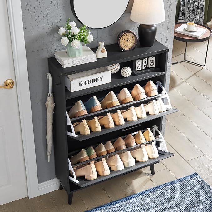 Barnyatoh Shoe Storage Cabinet, Farmhouse Shoe Organizer with 2 Flip Drawers & Barn Door,Freestanding Hidden Slim Narrow Shoe Rack Cabinet with Open Storage for Entryway, Foyer, Black