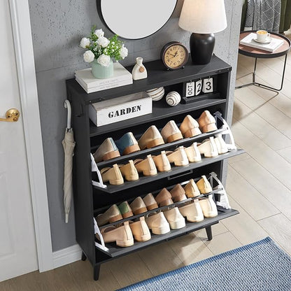 Barnyatoh Shoe Storage Cabinet, Farmhouse Shoe Organizer with 2 Flip Drawers & Barn Door,Freestanding Hidden Slim Narrow Shoe Rack Cabinet with Open Storage for Entryway, Foyer, Black