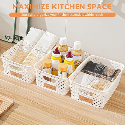 12 Pack Plastic Storage Baskets for Organizing, Storage Baskets for Shelves with Handles, Small Storage Bins with Labels, Organizer Baskets for Cabinet,Closet, Office