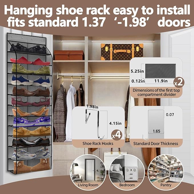 PAULONE 12 Pocket Over the Door Shoe Organizer,Reusable Breathable Large Mesh Bag Men's & Women's Sneaker Organizer,Shoe Organizer for Kids,Hanging Shoe Storage Hanging Bag (Grey)