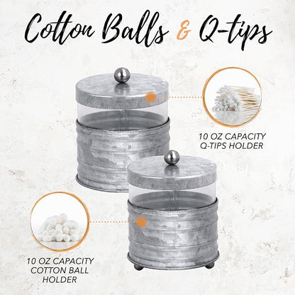 Autumn Alley Galvanized Bathroom Apothecary Jars Set, Farmhouse Bathroom Jars Qtip Holder Glass Dispenser- Rustic Vanity Organizer with Lids for Cotton Balls, Swabs, Rounds, Bath Salts 2-Glass Jars