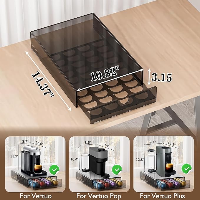 Acrylic Coffee Pod Organizer for Nespresso Vertuo Pod Holder 40 Pods Clear Vertuo Pod Storage Drawer (1 Tier) (Transparent Black)