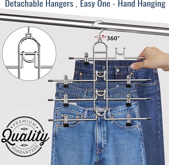 Pants Hangers With Clips, Newly Upgraded Detachable Space Saving Hangers for Skirts, Shorts & Trousers with Non slip clip,Heavy Duty Skirt Hangers - Hanging Closet Organizer And Storage,Patent Pending