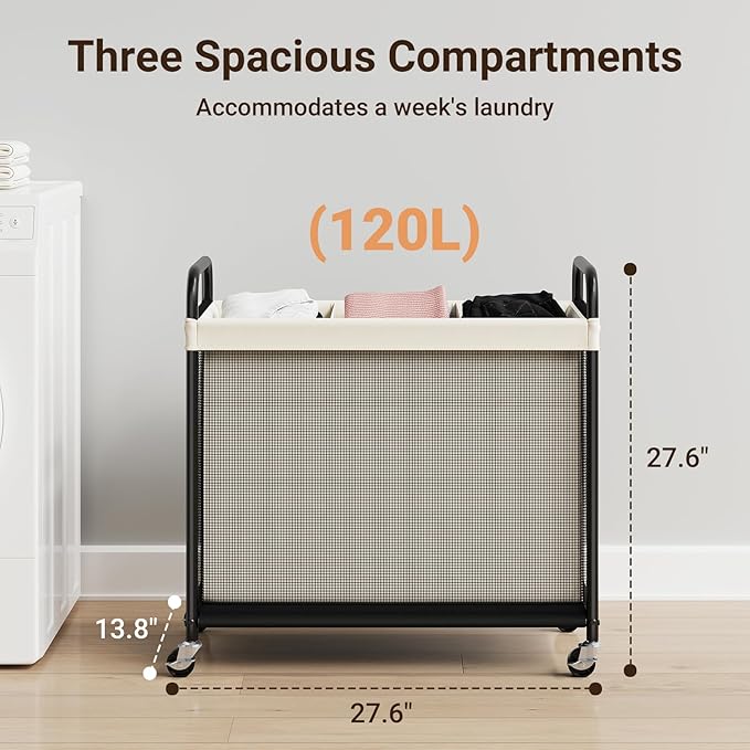 ELYKEN Laundry Hamper 3 Section, 120L Rolling Laundry Sorter with Removable Liner Bag, Laundry Basket with Wheels, Steel Frame with Metal Handle, Clothes Hamper Cart for Laundry Room & Bedroom
