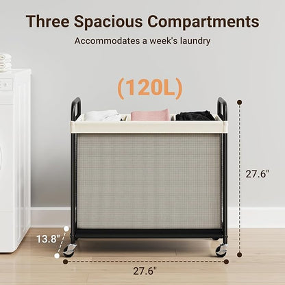 ELYKEN Laundry Hamper 3 Section, 120L Rolling Laundry Sorter with Removable Liner Bag, Laundry Basket with Wheels, Steel Frame with Metal Handle, Clothes Hamper Cart for Laundry Room & Bedroom
