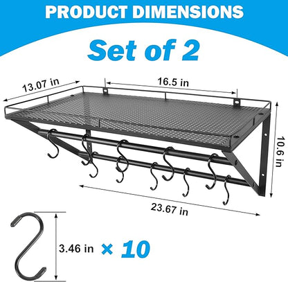 RedCall 2 Pack Garage Wall Shelf with 10 Hooks,23.5" x 13"Wall Mounted Storage Shelves with 2 Hanging Bars Rack for Garage, Closet, Laundry Room,Heavy Duty Metal Shelves
