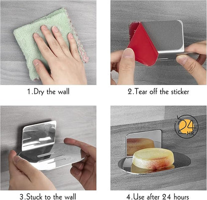 2 Pack Soap Dish for Shower, 3 Slot Self-Adhesive Soap Holder for Bathroom, Wall Mounted Shower Soap Stand, Stainless Steel Soap Tray with Adhesive Back (Reflective Silver)