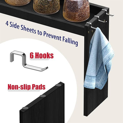 IIIOIIIA Bamboo Over the Stove Spice Shelf for Kitchen, 31.5" Spice Rack Organizer Shelf with 6 hooks, 11.4" Height Extra Storage Countertop, Easy to Assemble, Black