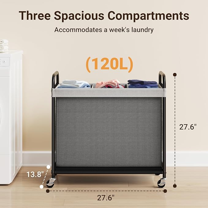 ELYKEN Laundry Hamper 3 Section, 120L Rolling Laundry Sorter with Removable Liner Bag, Laundry Basket with Wheels, Steel Frame with Metal Handle, Clothes Hamper Cart for Laundry Room & Bedroom