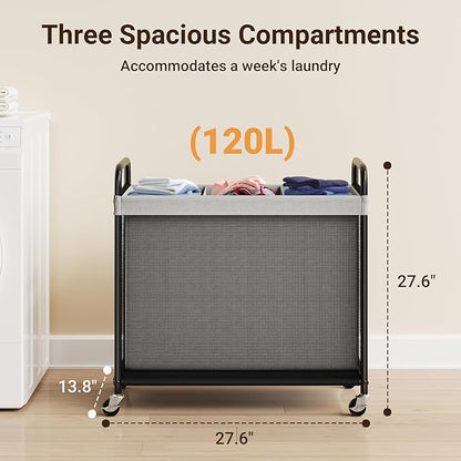 ELYKEN Laundry Hamper 3 Section, 120L Rolling Laundry Sorter with Removable Liner Bag, Laundry Basket with Wheels, Steel Frame with Metal Handle, Clothes Hamper Cart for Laundry Room & Bedroom