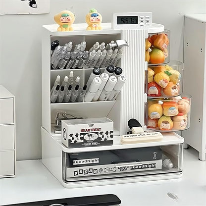 Makeup Organizer with 3 Rotating & Dustproof Drawers, Large Capacity Cosmetic Storage Box with Makeup Brush Holder, Make up Organizers for Vanity, Dresser, Bathroom (White)
