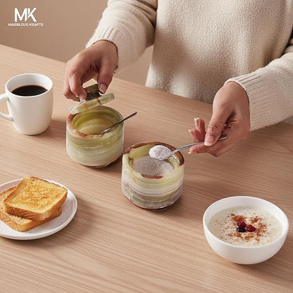 MARBLOUS KRAFTS Marble Salt Cellar with Lid and Spoon 3" Inch Green Stone Salt Dish for Kitchen Countertop Storage, Small Set of 2 Seasoning Containers, Spice Jars, Sugar Bowl, Gift for Mom