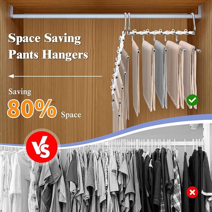 SANLIKE 2 Pack 5 Layers Pants Hangers Space-Saving Stainless Steel Closet Hangers 20pcs Fixed Clips Non-Slip Multi-Functional Pants Rack Two Hanging Modes for Trousers Jeans Leggings Scarf Skirts