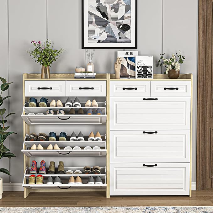 Vibe & Dine Shoe Storage Cabinet with 3 Flip Drawers & 2 Horizontal Drawers, Large Shoe Organizer Cabinet Fits for Kinds of Shoes, Narrow Slim Shoe Rack Cabinet for Entryway, Hallway, Oak