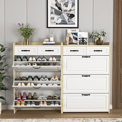 Vibe & Dine Shoe Storage Cabinet with 3 Flip Drawers & 2 Horizontal Drawers, Large Shoe Organizer Cabinet Fits for Kinds of Shoes, Narrow Slim Shoe Rack Cabinet for Entryway, Hallway, Oak