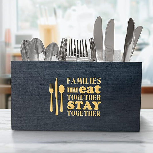 Utensil Holder For Kitchen, Wood Utensil Holder, Classy Family Quote Engraved Wood Cooking Utensil Holder, Utensil Flatware Cutlery Caddy For Dining Table & Kitchen